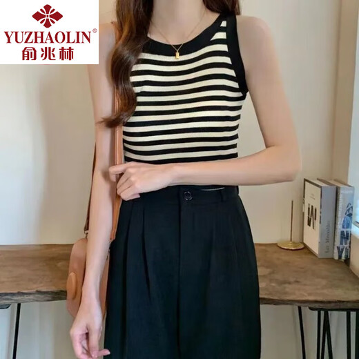 俞兆林条纹吊带背心女外穿春夏季气质内搭打底百搭显瘦无袖上衣 杏领 XL 码【115-130斤】