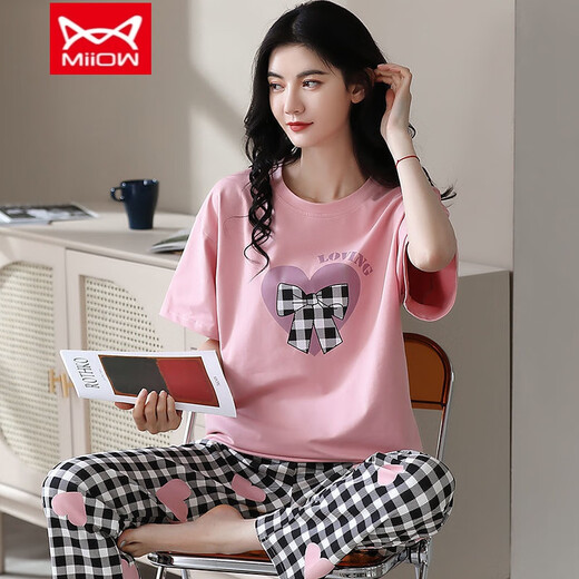 MiiOW pure cotton pajamas for women spring and summer short-sleeved trousers casual loose Korean style home clothes autumn can be worn outside T-9712 ​​(short-sleeved trousers) M (85-105Jin Jin equals 0.5 kg)