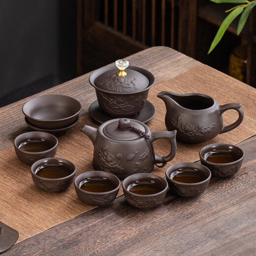 Jiangmingtang high-end purple sand embossed kung fu tea set set for gift giving to elders, leaders, customers, promotions, retirement and housewarming for colleagues, purple sand set-gift box style