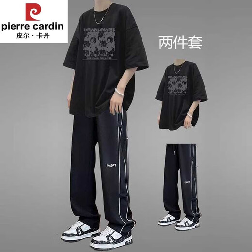 皮尔卡丹青少年运动套装男夏季纯棉短袖男装2025新款潮流帅气高中学生夏装 【两件套】1048款纯棉T恤灰+裤3 S