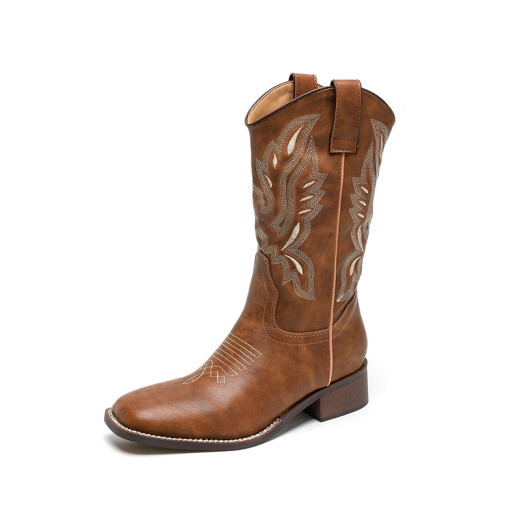 Yunshun Western denim boots embroidered knight boots retro Chelsea Martin boots long tube Maillard boots women's new summer denim fish mouth embroidered double lifting buckle brown 3.5cm 37