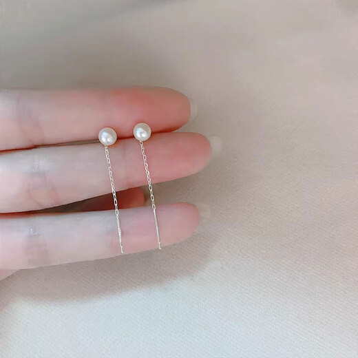 Mansheng S999 sterling silver small ear wire women's freshwater pearl 2025 new trendy temperament long ear piercing tassel earrings earrings white pearl ear wire 4.5cm