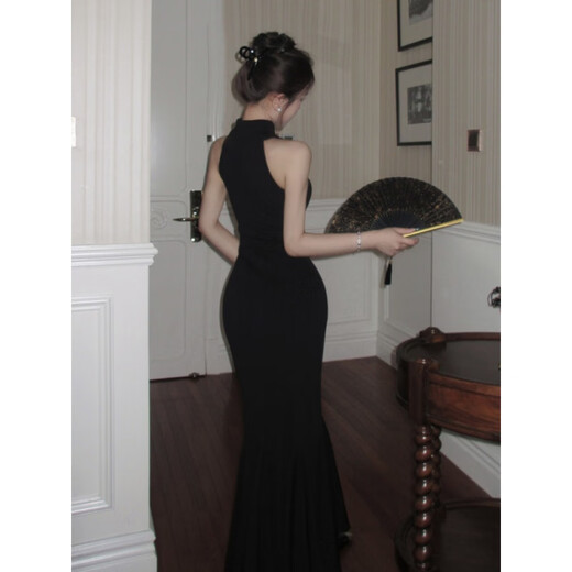 Chuangjingyi chooses fishtail skirt dress, new Chinese style national style black improved cheongsam dress for women summer sexy evening dress fishtail bag Picture color S