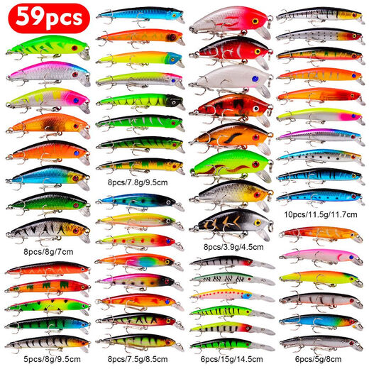 Shantou Lincun 59PC Fishing Bait Set Mixed Minnow Rock Lure Bait Set Plastic False Bait Fishing Gear E-commerce DWMI011 Carton Packaging