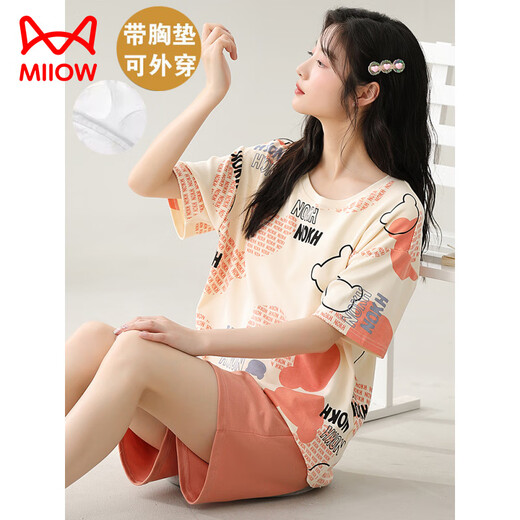 Conjunto de pijamas de manga corta de verano para mujer MiiOW de algodón puro con almohadilla para el pecho incorporada, ropa para el hogar todo en uno que se puede usar afuera, talla grande y delgada de verano GXT1047 M (recomendado 75-95 Jin Jin equivale a 0,5 kg)