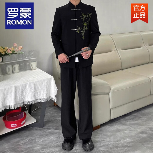 ROMON New Chinese Style Green Bamboo Embroidery Shoulder Pads Button Suit Jacket Fashionable Men's Tunic Suit Stand Collar Tang Suit Small Suit Black Green XL