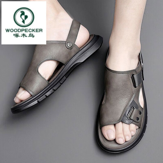 Holzspecker Echtes Leder Kuhläppchen Neue Stil Herren echtes Leder Dicke Sohle Kleidung-resistente Sandalen Anti-Rutsch-Strandschuhe Weiche Sohle Dual-Purple-Sandalen Männer grau 9923 38