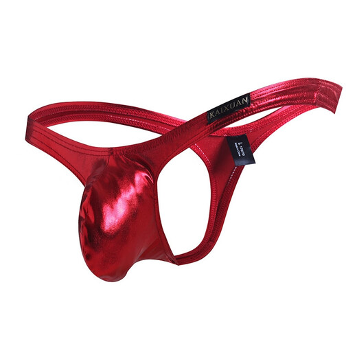 Men's patent leather large pouch bulging underwear low waist tight sexy U convex imitation leather T pants leaking buttocks and empty thong panties black S