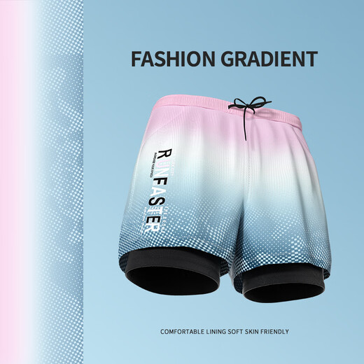 Junkiss swimming trunks, men's swimming equipment, full set of adult swimsuits, goggles, and caps, three-piece set, flat-angle double-layer hot spring suit, upgraded gradient purple, double-layer pocket style, M. Recommended weight: 80-100 Jin Jin equals 0.5 kg