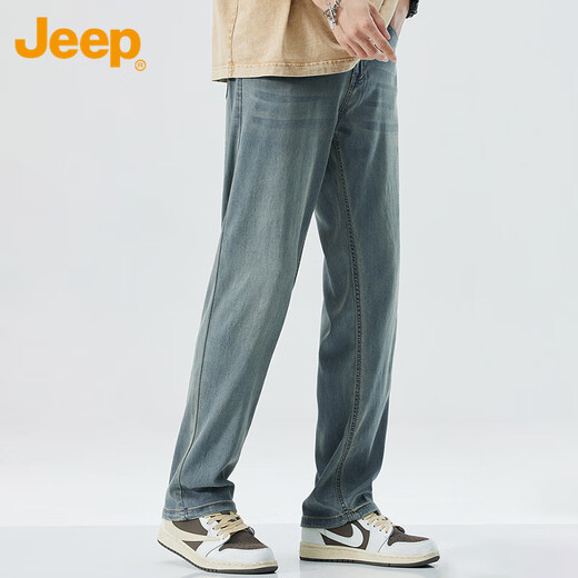 JEEP Ice Silk Jeans Herren Sommer Dünne Lyocell Casual Gerade Hosen Männer Retro Blau 32