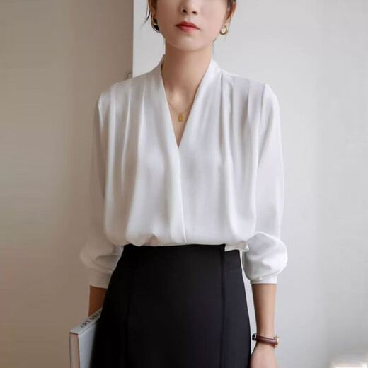 2025 Women's White V-neck Satin Shirt Workplace Commuting Suit High-End Top Business Wear White Shirt 675 White V-neck L Recommendation 110-120Jin Jin is equal to 0.5 kg