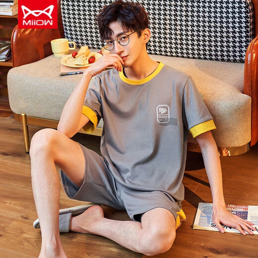 Catman (MiiOW) casual cotton pajamas men's summer short-sleeved shorts for youth Korean style loose home clothing middle-aged thin large-size suit H9922 (short-sleeved shorts) L (recommended 100-125 Jin [Jin equals 0.5 kg])