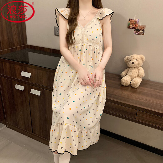 浪莎（LangSha）带胸垫吊带睡裙女夏季新款甜美风小飞袖法式连衣裙睡衣家居服外穿 9904 带胸垫款 M