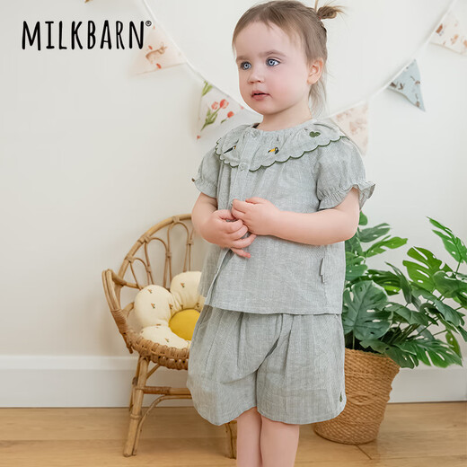 Milkbarn2025 Nouveaux produits de printemps et d'été pour le costume à manches courtes pour enfants pour les chemises pour filles, short, vêtements pour enfants, vêtements à la mode de bébé, rayures vertes de riz, 110 (3-4 ans de référence de 100 à 10 h)