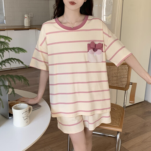 xcfreht带胸垫睡衣女2024年新款夏季棉短袖短裤网红风可外穿家居服套装 qgl-6627 M  -带胸垫款
