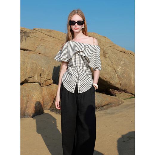 Sancai 2025 new summer style ruffled one-line collar plaid shirt slit waist top elegant M