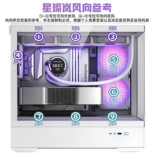 爱国者星璨岚海景房机箱电脑台式机电竞游戏支持360水冷鱼缸纯白色无立柱MATX全侧透 星璨岚黑+极光Z13风扇4正5反