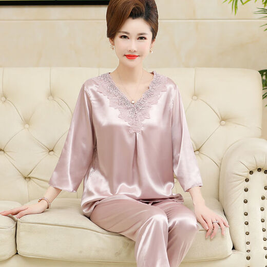 Modal Frühlings- und Sommer mittleren Alters Pyjamas für Frauen können Schwiegermutterseide tragen. Dünner Seidenstil zweiteiliger Set für ältere und ältere Menschen AR684 Pulver 2xl empfohlen [120-145jin [Jin gleich 0,5 kg]]]