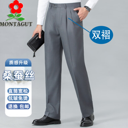 MONTAGUT 2025 new men's double pleated trousers straight high waist deep loose large size suit pants for men middle-aged M2601-blue [summer] thin 29 [waist circumference 2 feet 2]