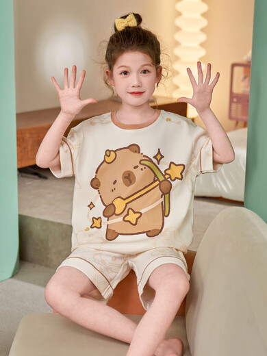 Mädchen Pyjamas Sommer 2025 Neues Kapibala reines Baumwoll große Kinderheimkleidung kurzärmelige Mädchen Sommer dünner Stil N829 Pacha 100 cm/8 Größe [Höhe 85-102 cm]