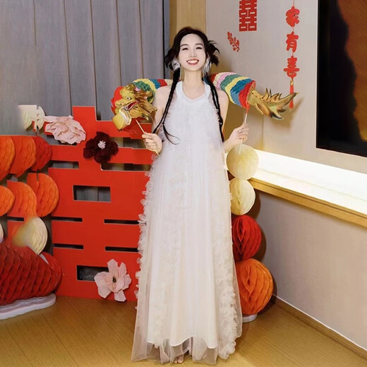 现宝莲法式新娘结婚晨袍睡裙白色轻婚纱礼服伴娘网纱连衣裙露背仙女长裙 白色 XL