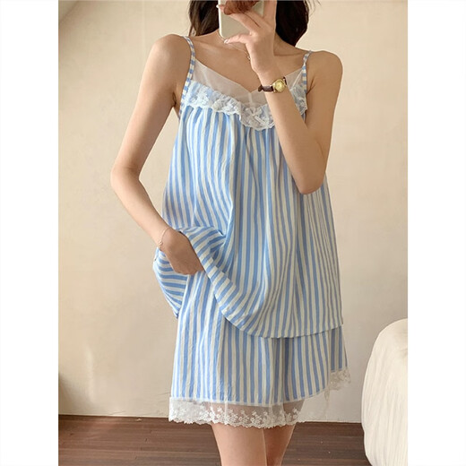 Shantou Lincun Spitze gestreifter Pyjamas für Frauen im Sommer Baumwolle weiche japanische Schnürblock-Brustpolster sexy Hosender Shorts Dünne Heimkleidung Zwei-teilige R838 Schwarze Kirsche mit Brustpolster M 80-95jin [Jin entspricht 0,5 kg]