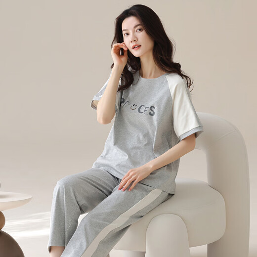 Set de pijama de algodón puro de manga corta para mujeres Pantalones de verano ropa para el hogar estilo coreano El estilo delgado se puede usar en la caricatura de verano exterior Y9712 m (recomendado 75-95Jin [Jin es igual a 0,5 kg])