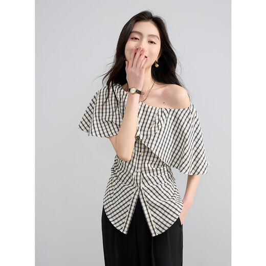 Sancai 2025 new summer style ruffled one-line collar plaid shirt slit waist top elegant M black rice plaid M 160/84A