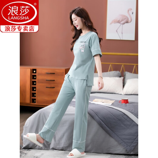 浪莎（langsha）睡衣女夏季纯棉2025年新款短袖长裤家居服套装可外穿薄款全棉套装 7374豆沙粉 L 100-120斤