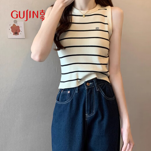 古今（GUJIN）条纹针织吊带背心女内搭春夏新款法式无袖打底衫修身显瘦上衣杏色