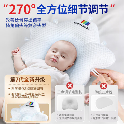 Oein shaped pillow for babies 0-6 months sleeping with round heads 0-1 years old newborn pillow to correct eccentric head type summer medical pillow white and blue color matching