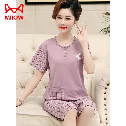 猫人（MiiOW）中年妈妈睡衣女夏季薄款纯棉短袖七分裤中老年人家居服加大码套装 乳白色 LM6626【开衫款】 L 【建议100-120斤】