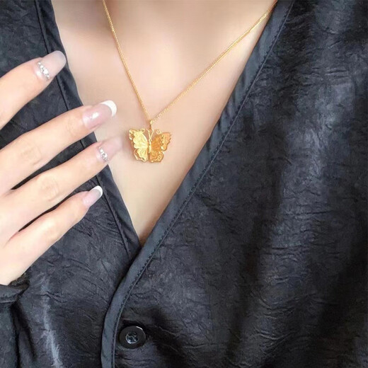 Puli 18k sand gold ancient filigree butterfly necklace women's gold-plated pendant retro temperament high-end clavicle chain jewelry filigree butterfly + o-shaped chain