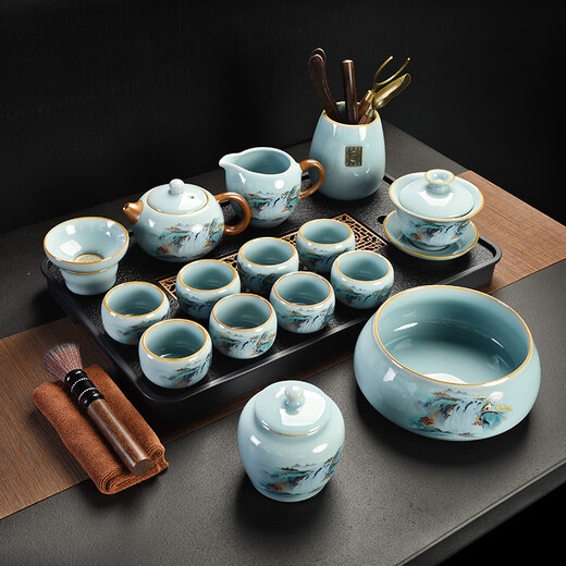 Good Luck Enjoy Thousand Miles of Rivers and Mountains Ru Kiln Kung Fu Tea Set Azure Enamel Ceramic Teapot Cover Bowl Tea Tray Light Luxury Thousands of Miles of Rivers and Mountains Tea Set Gift Box + Tea Tray 11 Pieces