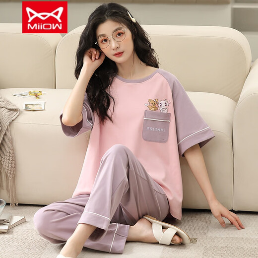 MiiOW pure cotton pajamas for women spring and summer short-sleeved trousers casual loose Korean style home clothes autumn can be worn outside T-9712 ​​(short-sleeved trousers) M (85-105Jin Jin equals 0.5 kg)