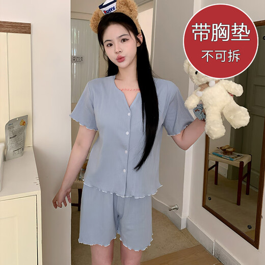 S.Sofea Sommer kurzärmelig Jacquard Pyjamas weiblicher Prinzessinstil Dünner zweiteiliger Set Doppelkurzer Set DW683 Blaue Blume (mit Brustpolster) 185 xxl (140-160jin [Jin entspricht 0,5 kg]))