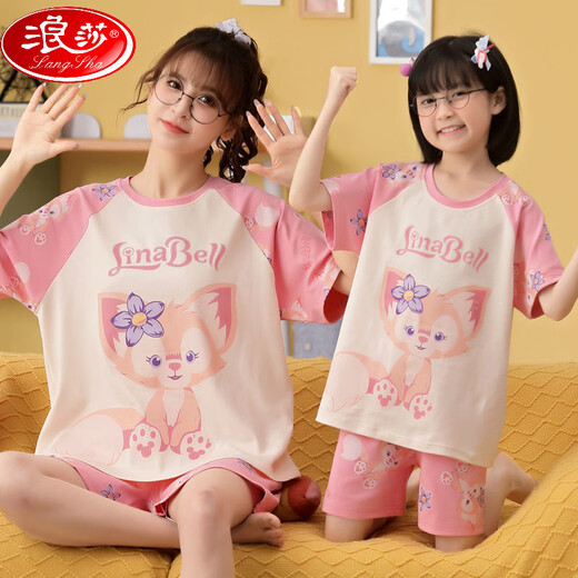 浪莎（LangSha）亲子母女睡衣纯棉夏季薄款短袖可爱卡通网红小女孩女童家居服套装 6624【纯棉 单套的】 S 145-150cm70-85斤