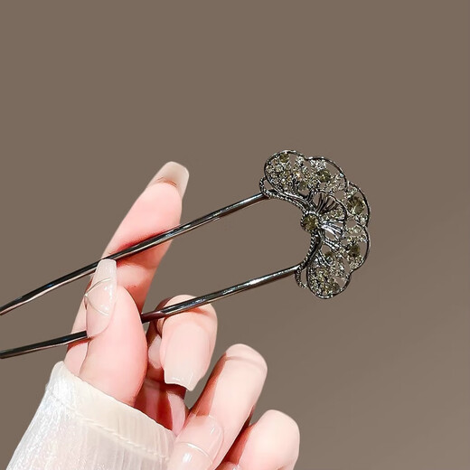 Lingchuan gun black hollow rhinestone flower U-shaped hairpin, high-end new Chinese retro headwear hairpin, ancient style hairpin, rhinestone fan-shaped-U-shaped hairpin