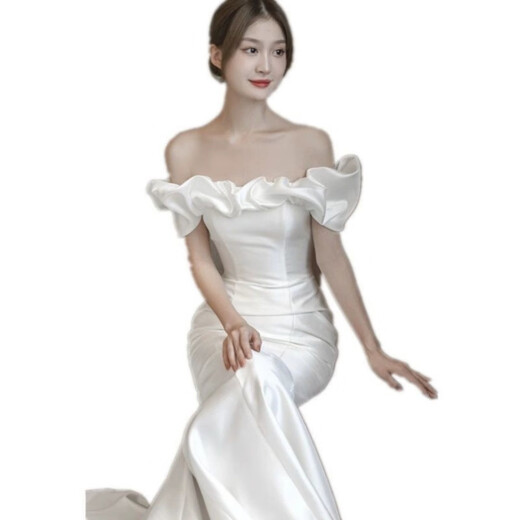 Chuangjingyi chooses light wedding dress, one-shoulder French light wedding dress, satin temperament, fishtail for bride, slimming, small tail, white S