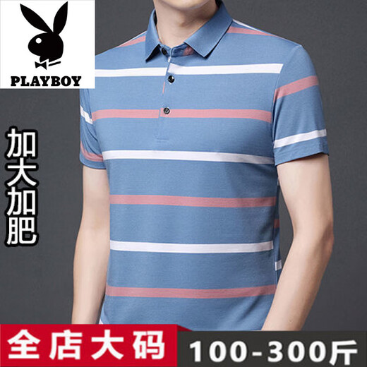 花花公子高端品牌纯棉短袖T恤男装夏季加肥加大肥佬条纹百搭商务POIO衫 1695蓝色 M 165码建议100-120斤