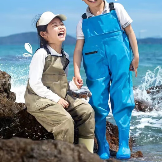 Children's waders, sea wear, wading clothes, baby wading pants, waterproof one-piece rain boots, play water clothes, fish fishing, water fork pants, blue size 35, shoe inner length 22cm