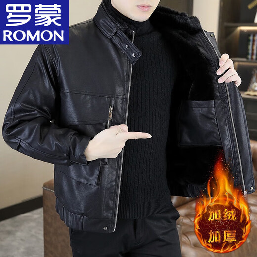 ROMON 2026 winter new style velvet thickened leather jacket men's trendy casual motorcycle wear pu leather jacket jacket trendy gray M reference around 90-110
