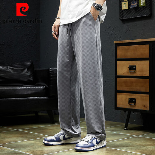 皮尔卡丹（pierre cardin）棋盘格裤子男士夏季薄款2025新款冰丝运动速干宽松阔腿直筒休闲裤 9905黑色 M (28-29码)