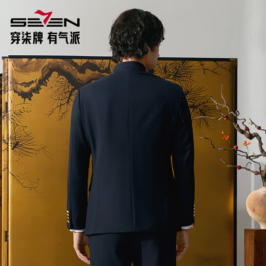 Qipai Chinese tunic woolen suit men's 2025 autumn new style middle-aged men's Chinese stand-up collar business suit dress Tibetan blue Chinese stand-up collar 175B B48 (175/96B)