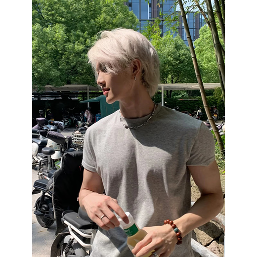 7 ausgezeichnete Produkte, Kurzarm-T-Shirt für Herren, neuer Sommerstil, kleiner Ausschnitt im amerikanischen Stil, schwerer Rundhalsausschnitt, rechte Schulter, schmales Fitness-Halbarm-Top für Herren, TXS-9906 Grau XL