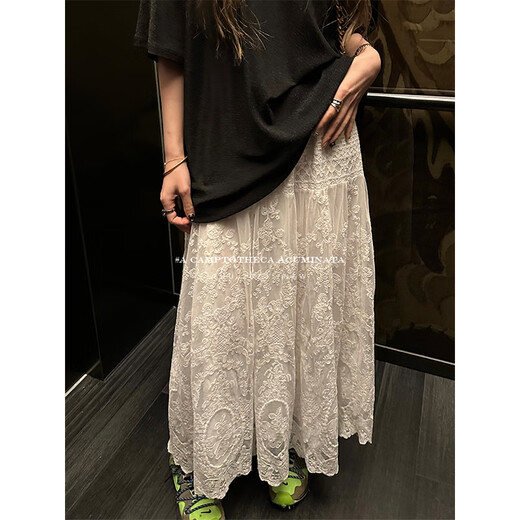 Ono Qitian white lace skirt a-line women's summer design elastic waist mid-length skirt new Chinese style national style lace skirt one size