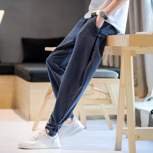 仓石一树潮牌条纹亚麻裤男夏季薄款冰丝九分裤2025新款休闲哈伦裤长裤男士 白色 L
