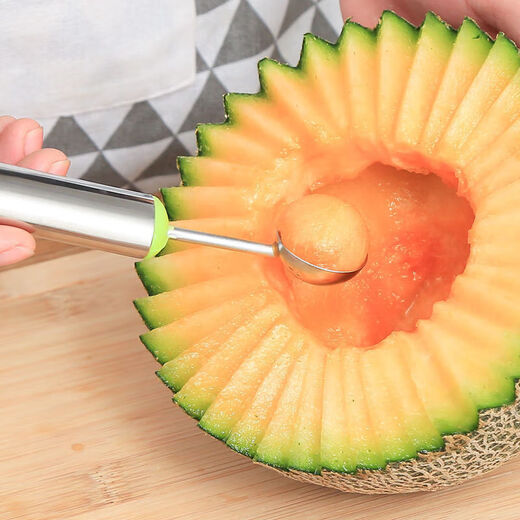 Rice harvesting fruit fork, stainless steel watermelon fruit cutter, ice cream scoop, multifunctional fruit scoop, carved carved knife - green