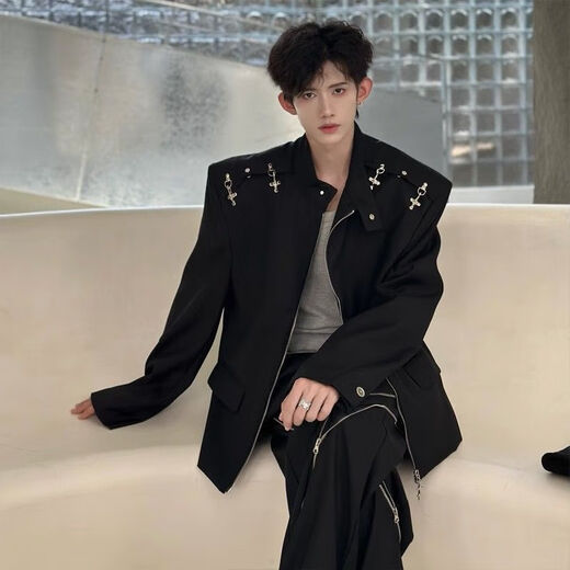 An Chuxia American high street shoulder padded blazer men's metal airplane buckle design jacket autumn handsome street suit black jacket + gray T-shirt + zipper pants 3-piece set XL store priority delivery