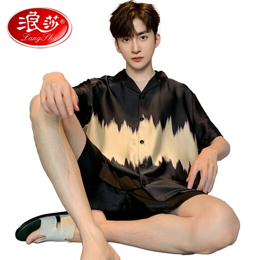 浪莎（LangSha）轻奢新款男士睡衣夏季冰感短袖短裤真丝绸夏天青少年家居服套装 冰丝G723 L (身高170左右，体重-130斤)